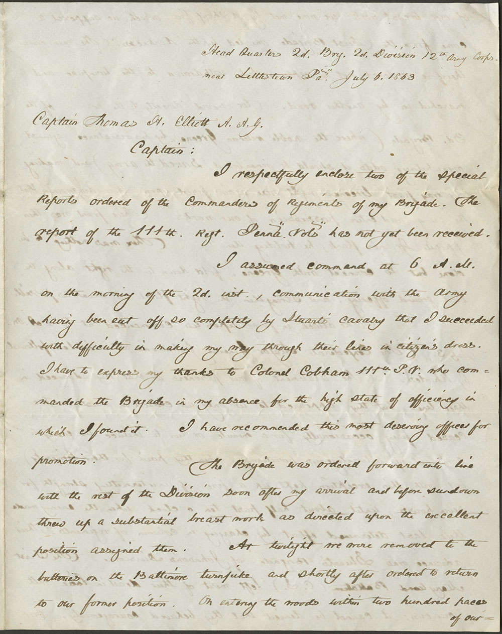 General Thomas L. Kane to Captain Thomas H. Elliott 6 July, 1863 (Vault MSS 792, Box 23, Folder 6, Item 29)