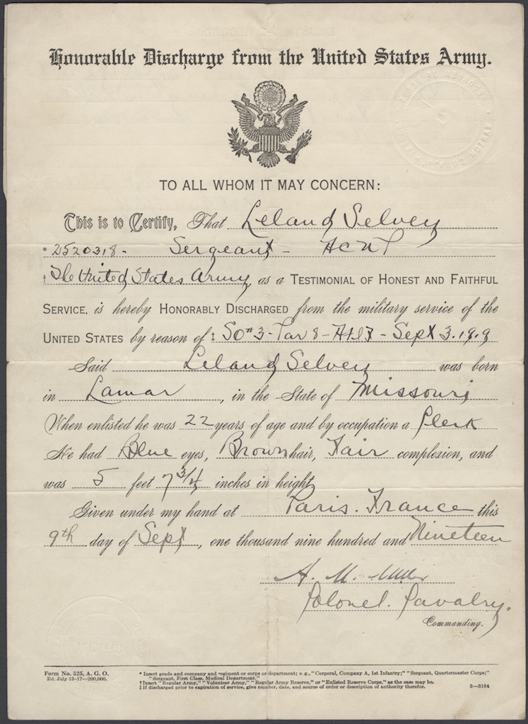 Certificate of honorable discharge for Leland Selvey